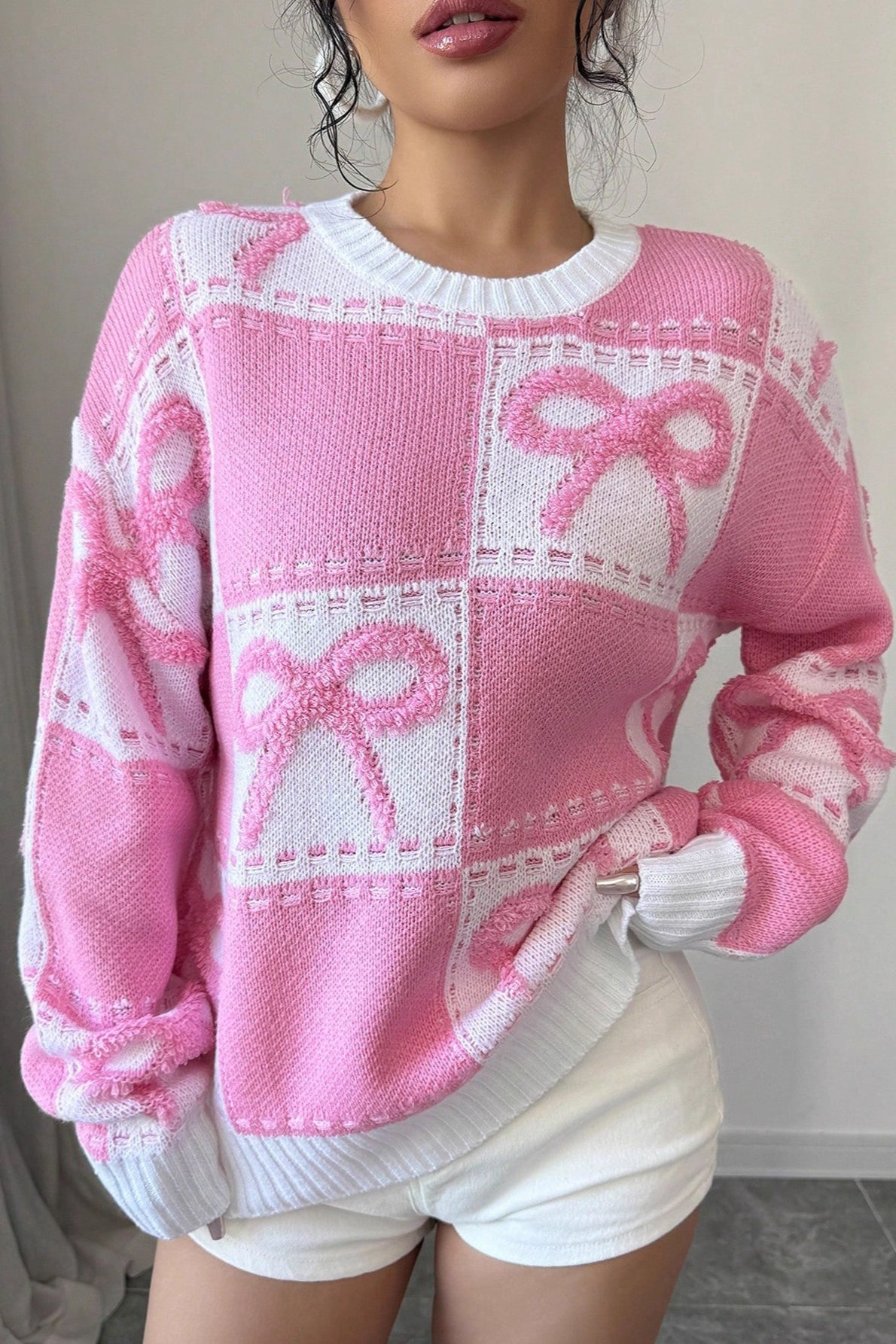Pink Bow Knit Pullover Sweater