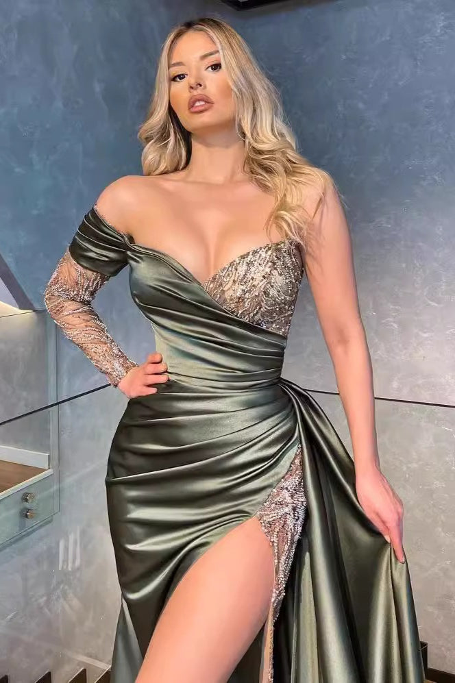 Satin One-Shoulder Sequin Ruched High-Split Maxi Gown 2