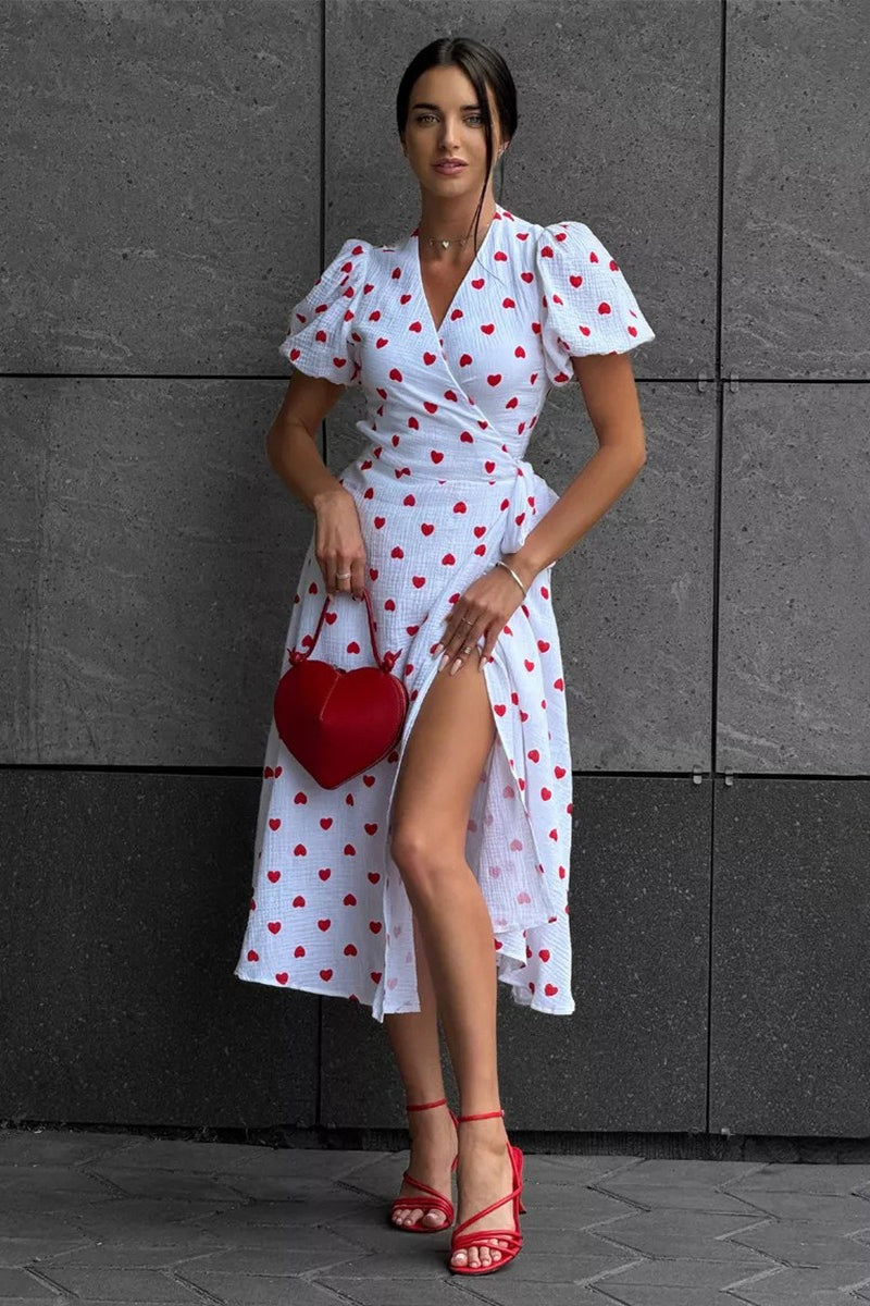 Heart Print V-Neck Puff Sleeve Wrap Maxi Dress 2