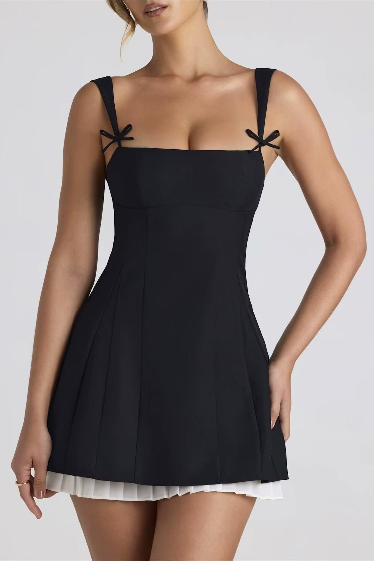 Bow Strap Square Neck Pleated Fit and Flare Mini Dress - View 2
