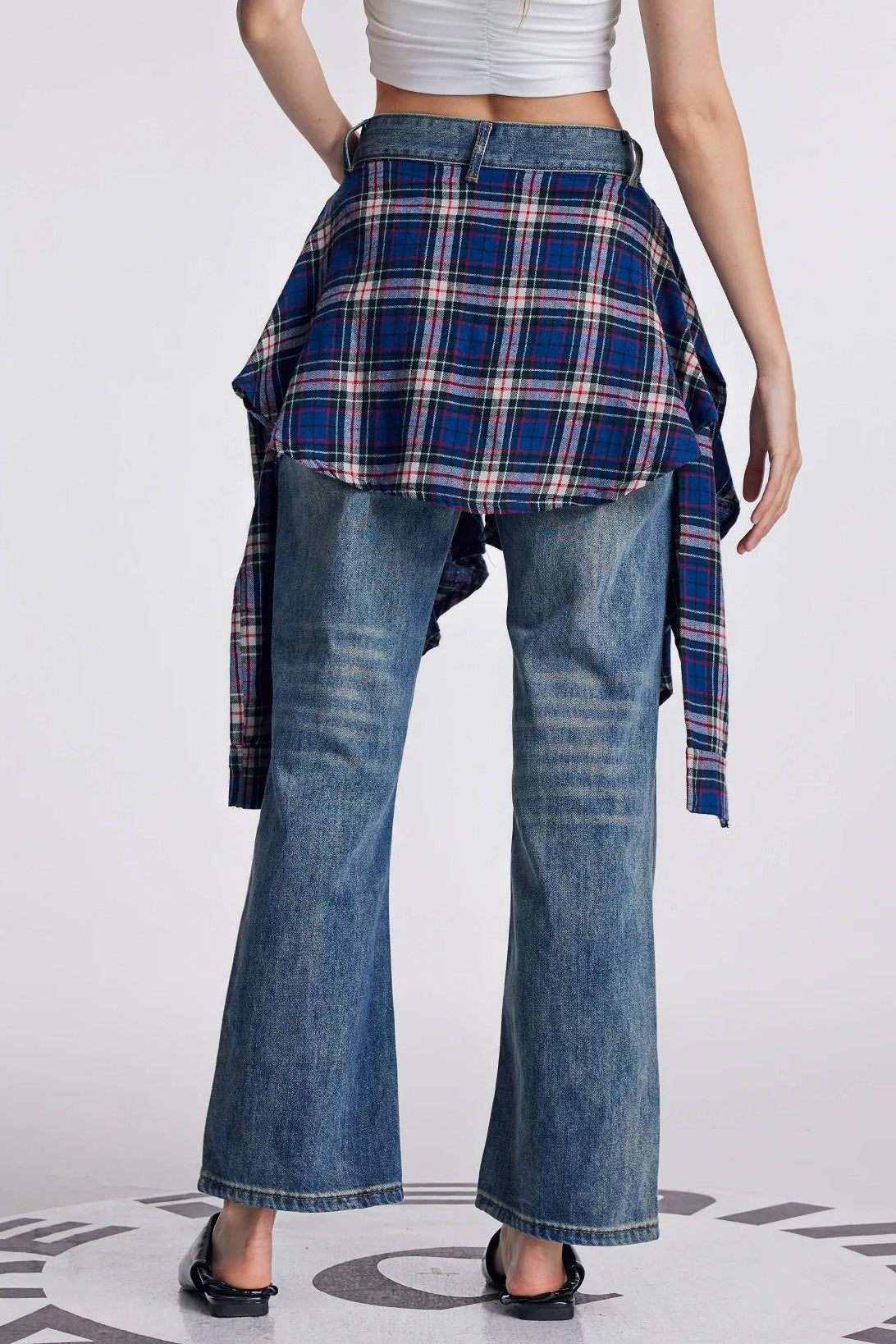 Vintage Plaid Patchwork Washed Micro-Flare Jeans