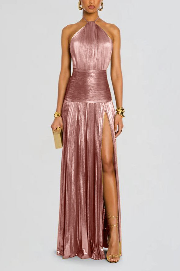 Metallic Pleated Slit Tie Halter Sleeveless Formal Dress