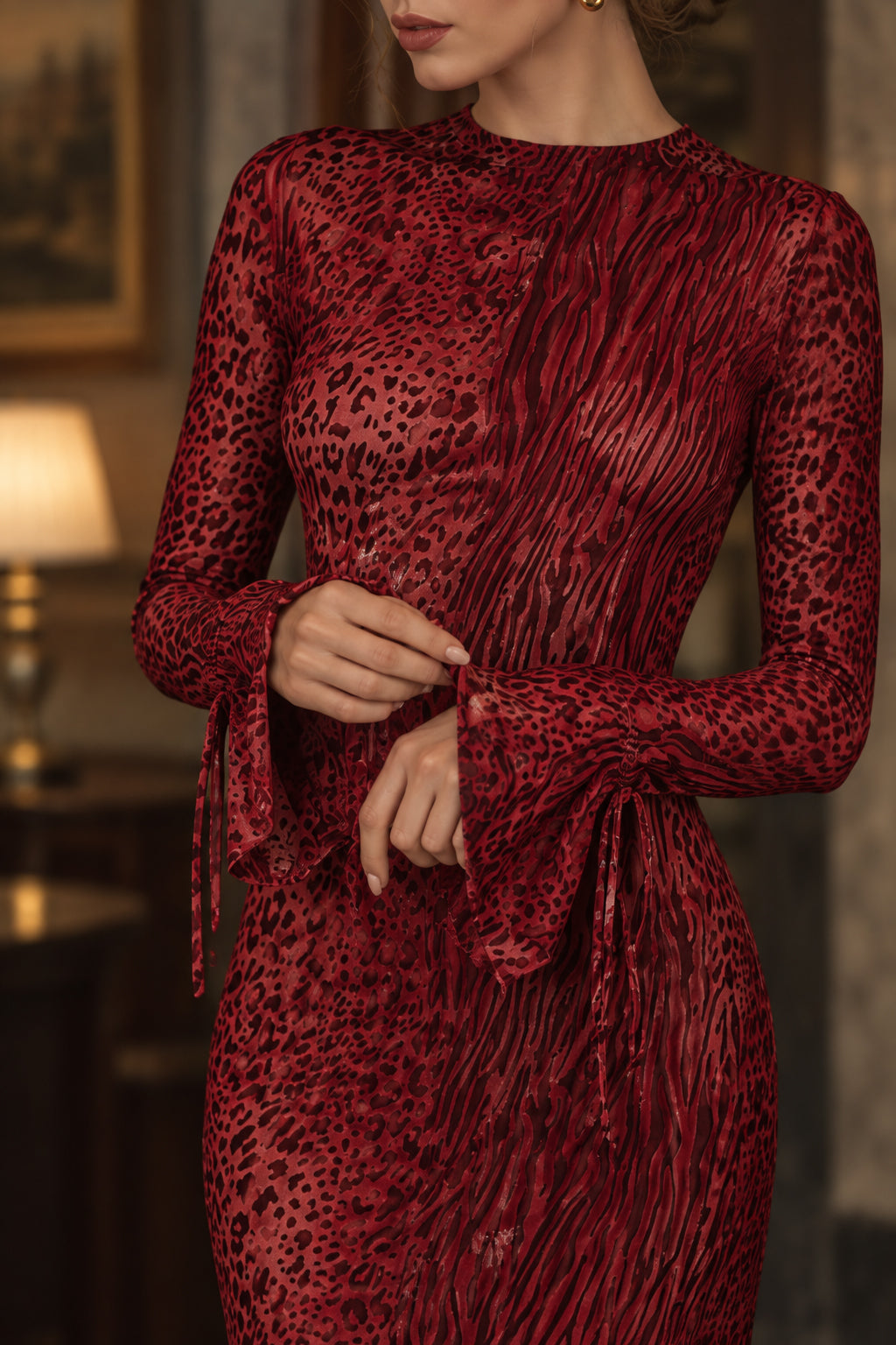 Leopard Print Crew-Neck Flared-Sleeve Mermaid Maxi Gown