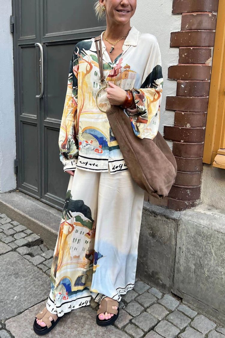 Ellison Unique Print Button Up Long Balloon Sleeve Loose Blouse - Fashionpara