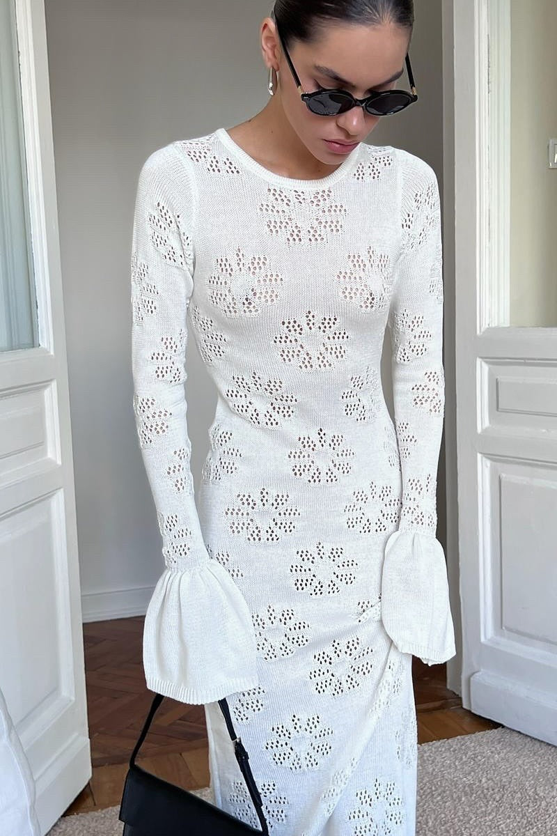Pointelle Knit Long Sleeve Ruffle Hem Maxi Dress