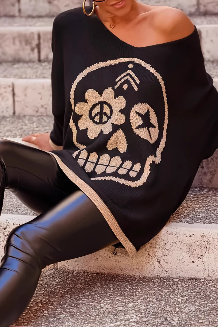 PrincessAce Skull V-Neck Sweater for Spooky Style Fans
