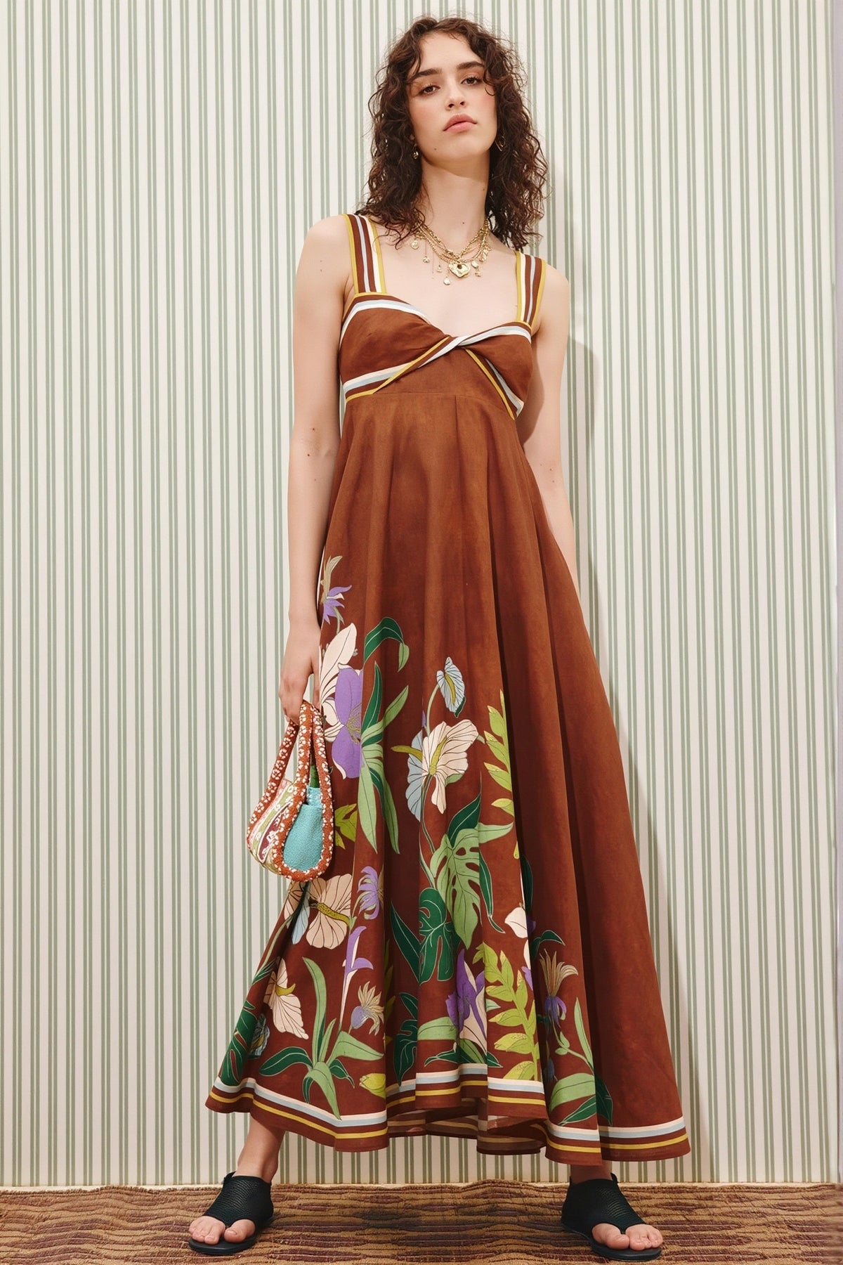Floral Border Twist Front Fit and Flare Maxi Dress