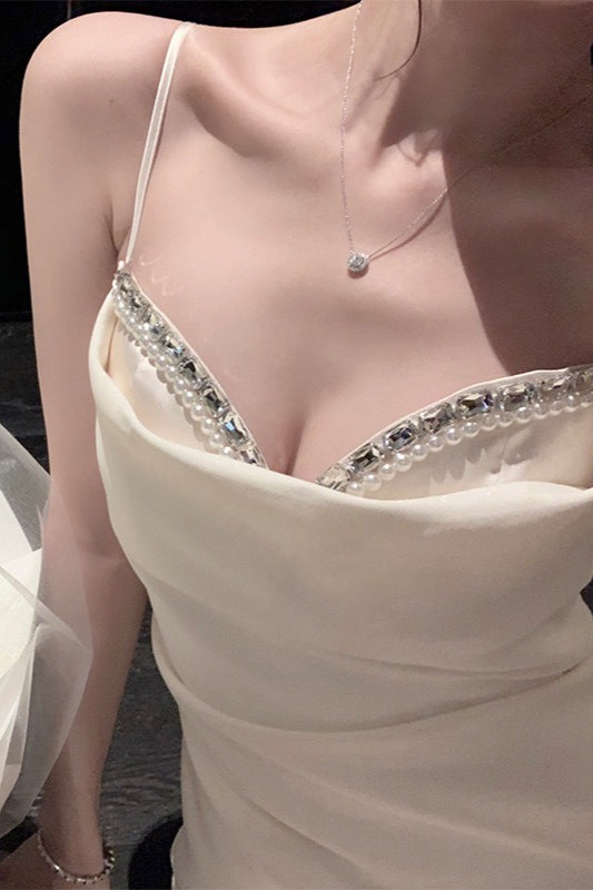 Satin Cowl Neck Spaghetti Strap Embellished Mini Dress