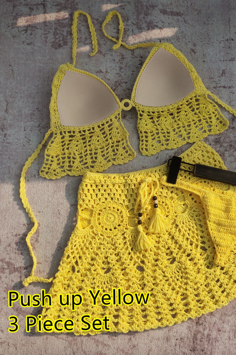 Handmade crocheted halterneck triangle bikini beach skirt sexy three-piece set - Fashionpara