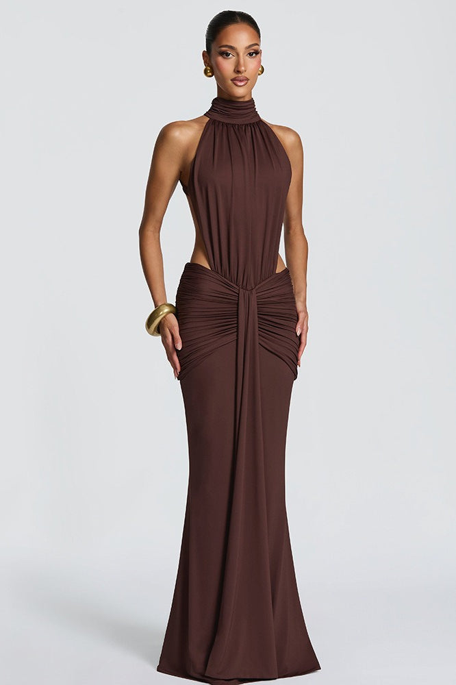 High Halter Neck Backless Ruched Mermaid Gown