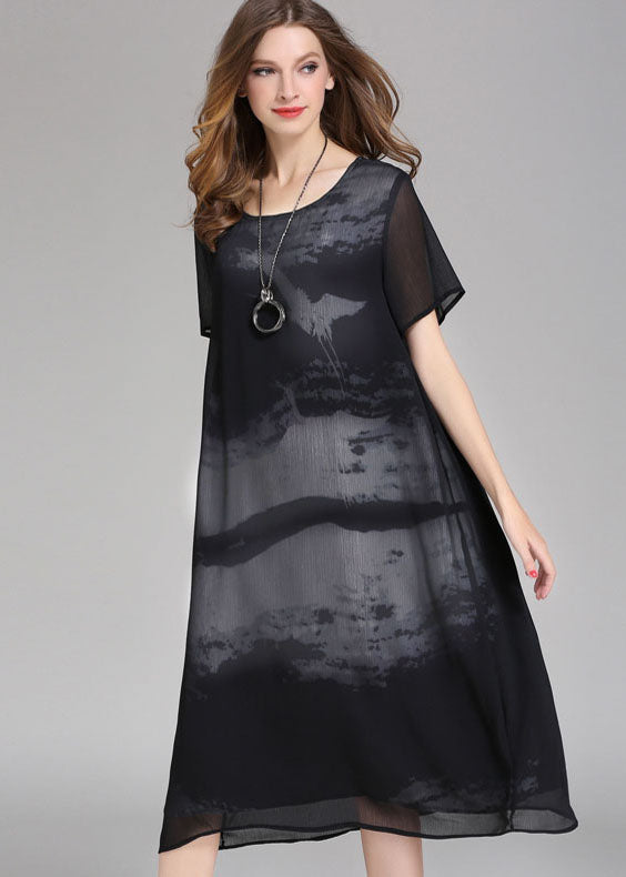 Abstract Brushstroke Print Short Sleeve Sheer Chiffon Shift Midi Dress - View 2