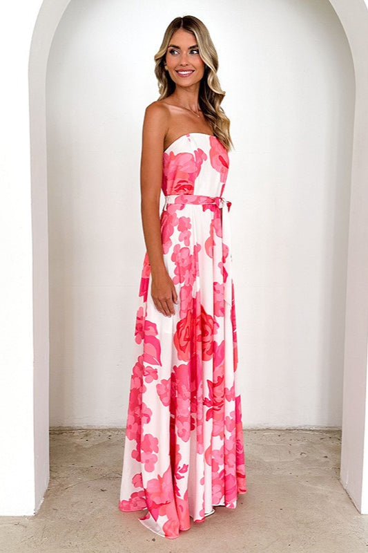 Floral Print Strapless Belted A-Line Maxi Dress