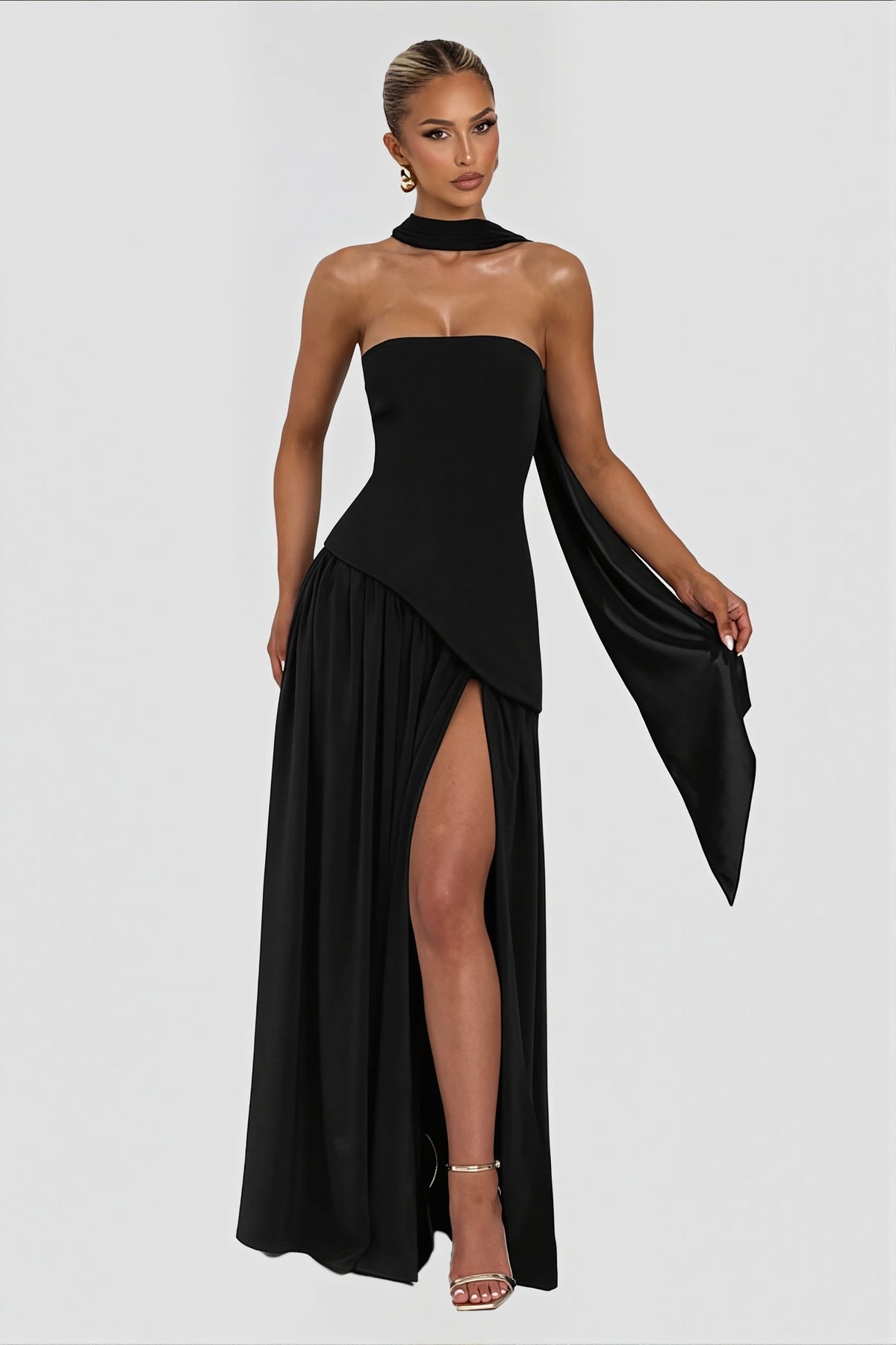 Strapless Scarf Detail Slit Maxi Dress 5