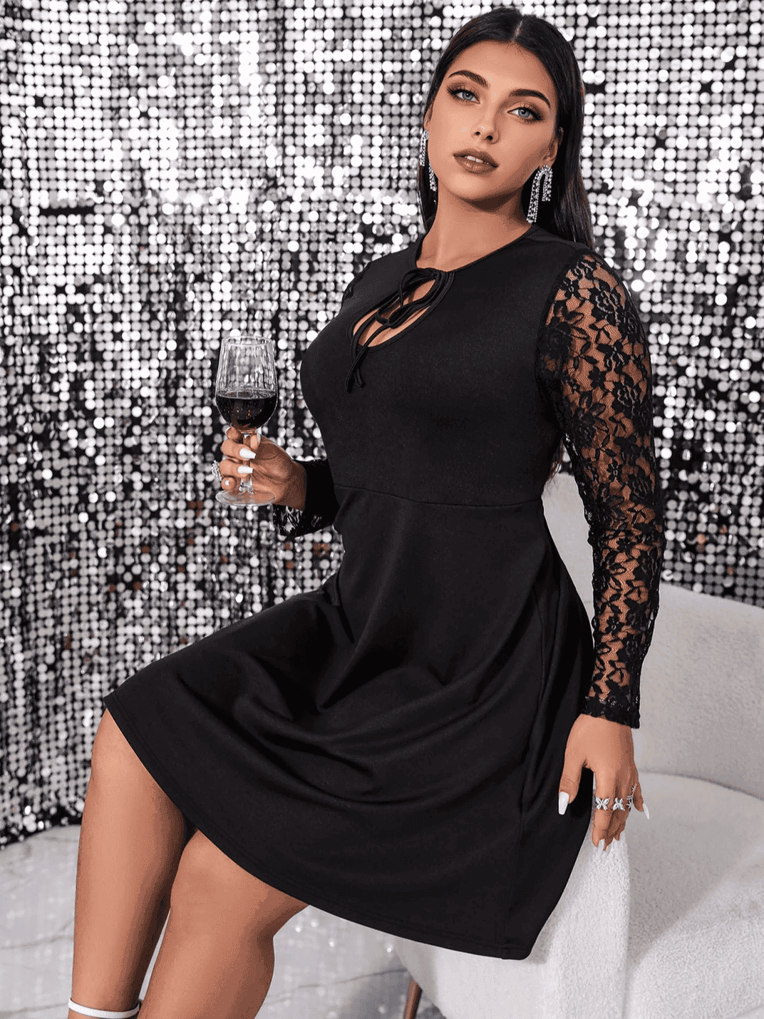 Sheer Lace Long Sleeve Tie-Neck A-Line Mini Dress 6