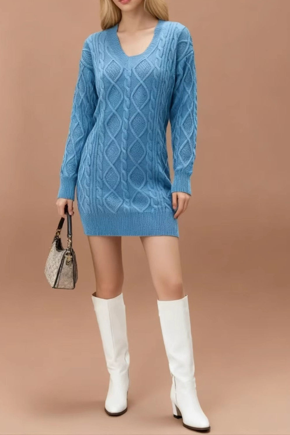 PrincessAce V-Neck Cable-Knit Sweater Mini Dress in Solid Color