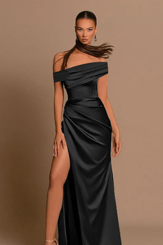 Silk Gloss Off-Shoulder Split Party Dress