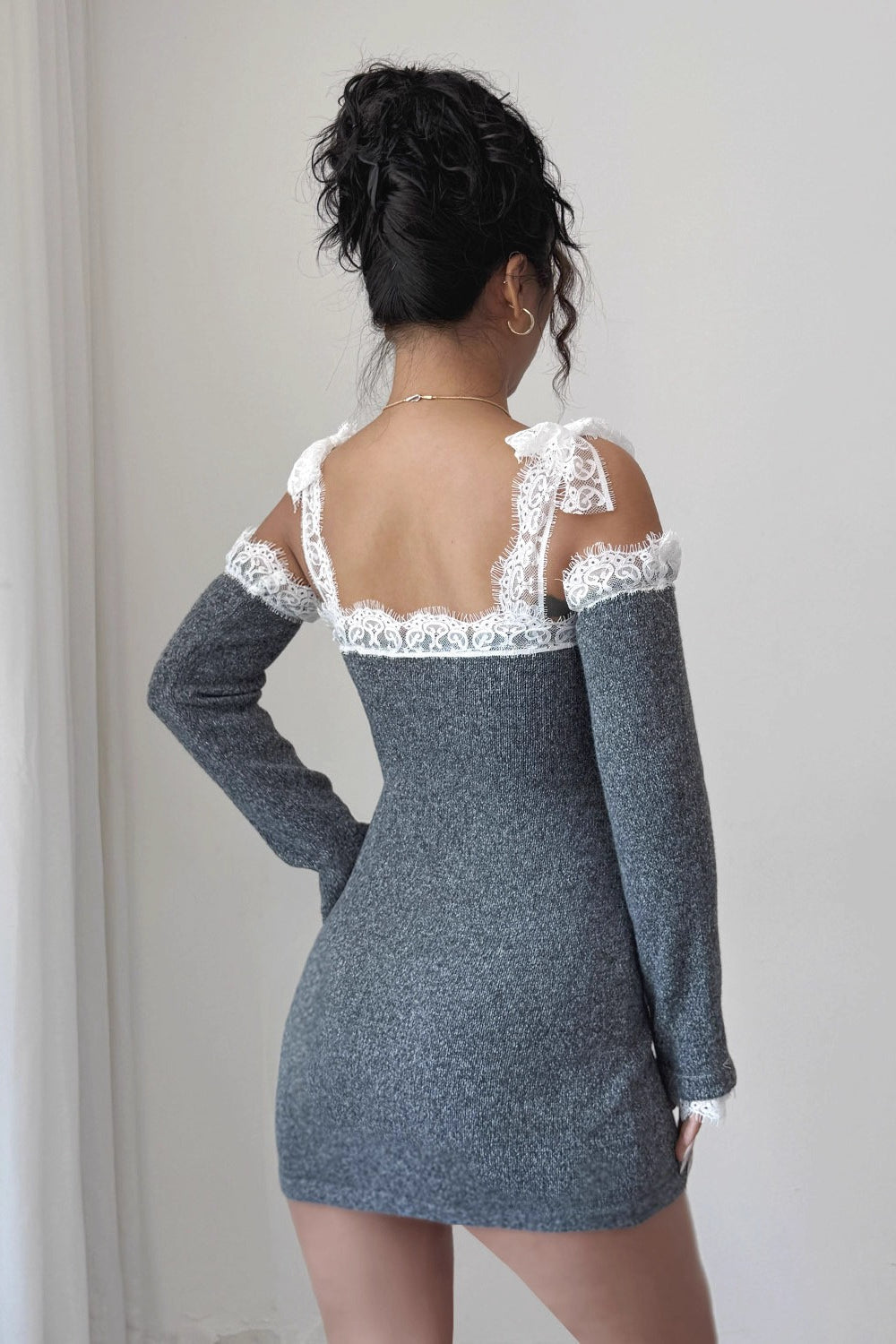 Lace Trim Off Shoulder Sweater Dress - View 4
