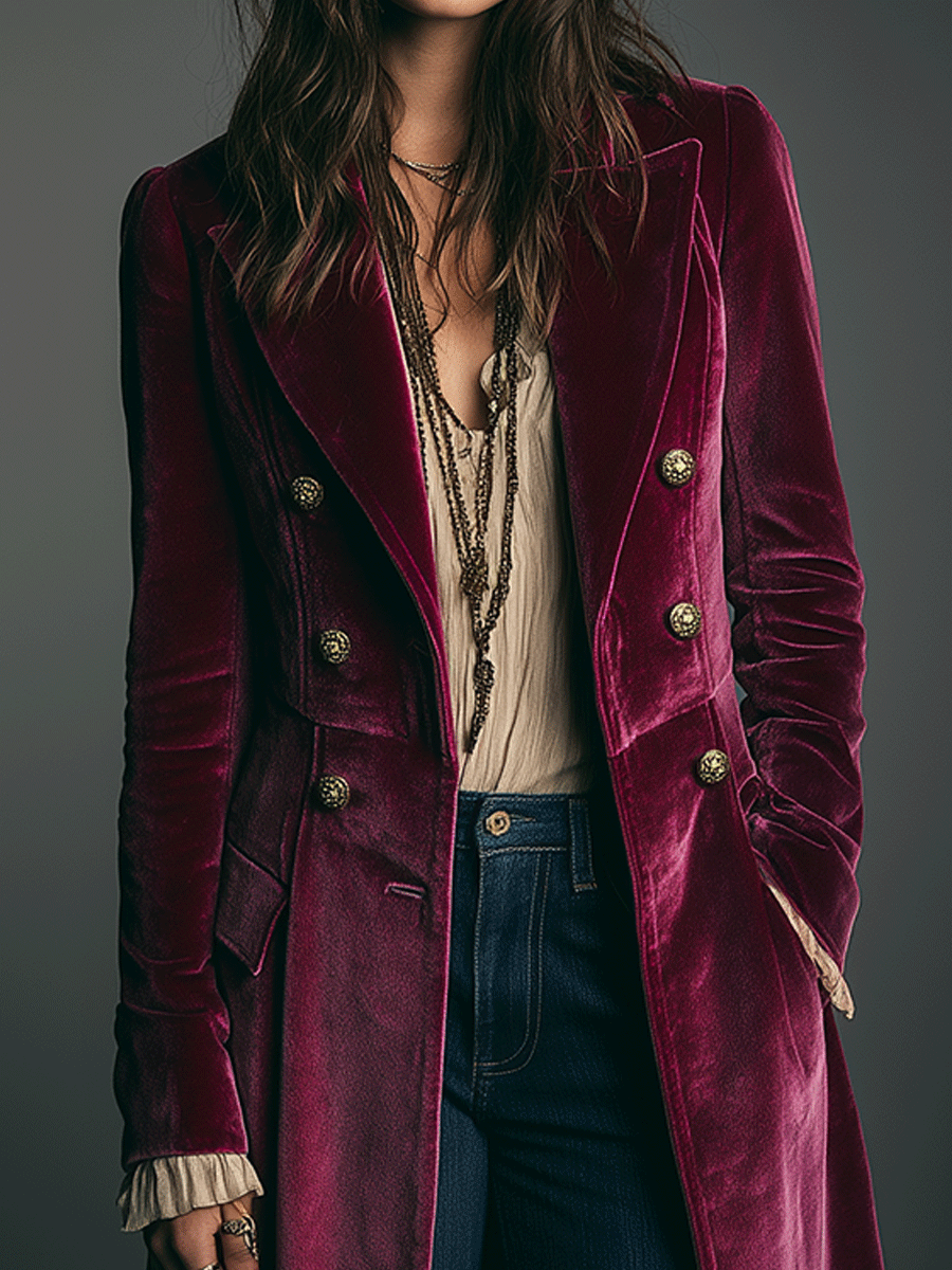Vintage Double-Breasted Burgundy Velvet Coat