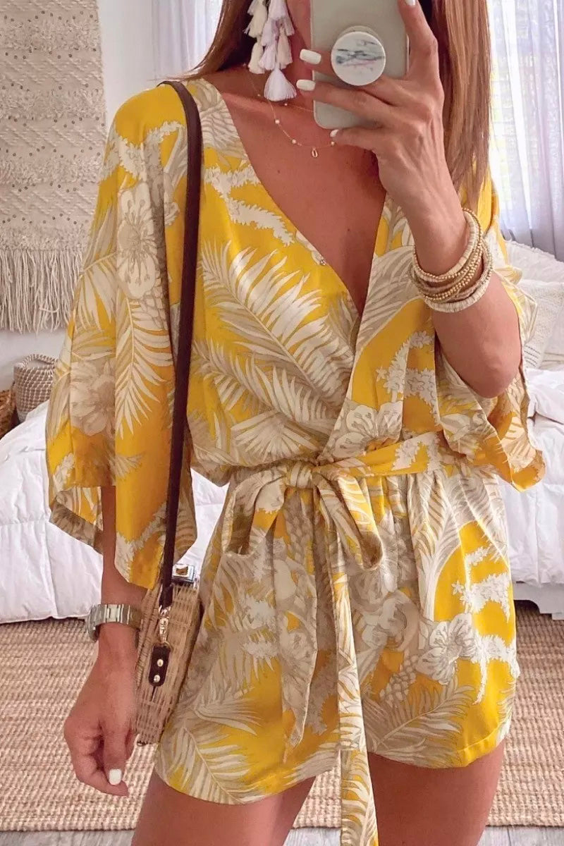 Lace-up Plants Print Yellow One-piece Romper