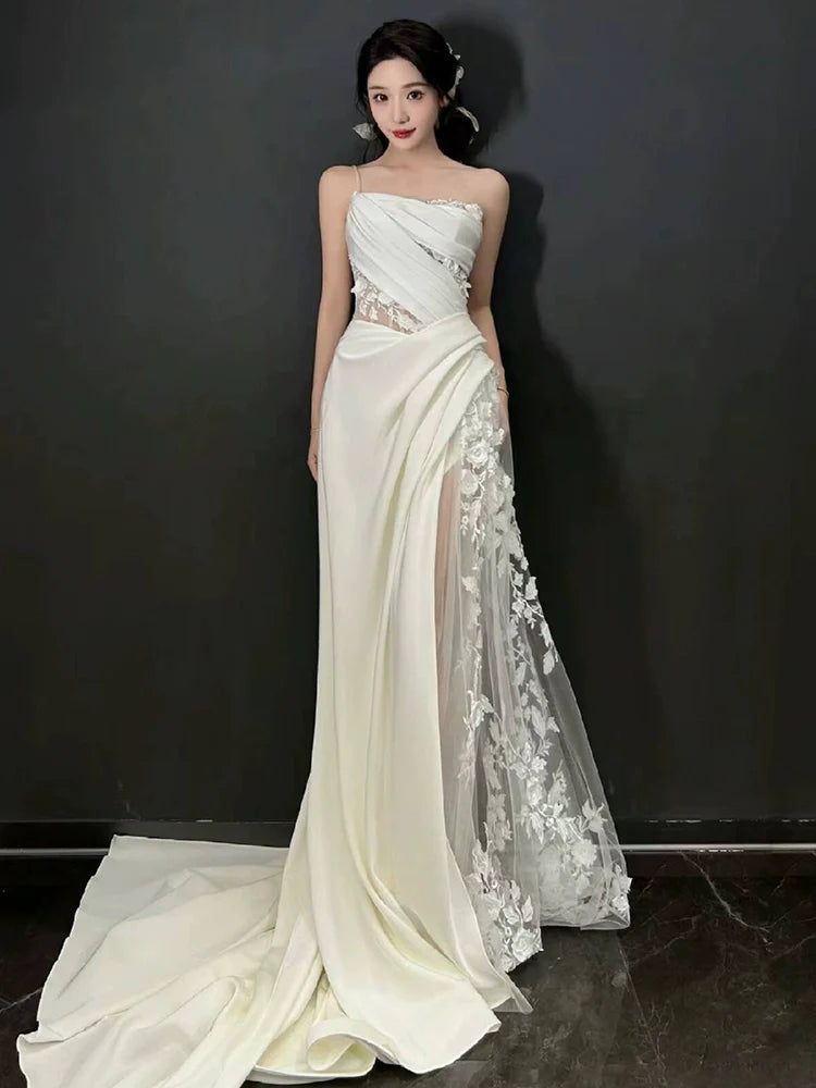 White Tulle Lace Long Wedding Dress Princess Bridal Gown