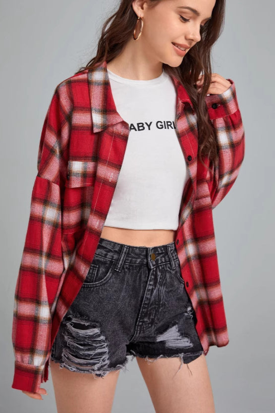 Plaid Stand Collar Button Shirt Blouse - Fashionpara