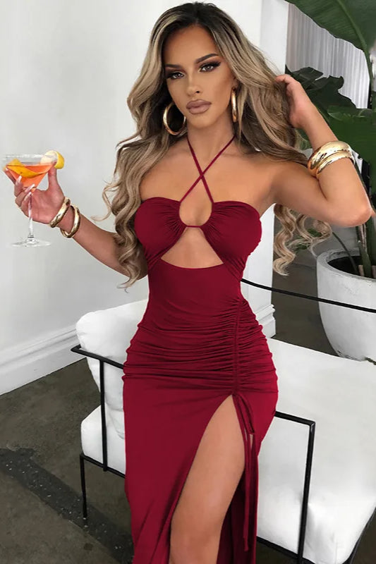 Sexy Halter Backless Cut Out Slit Maxi Dress