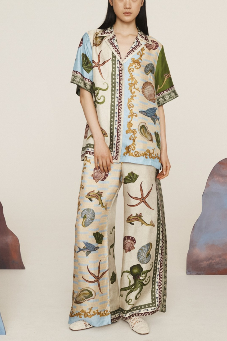 Deep Sea Dreaming Satin Unique Print Short Sleeve Shirt and Elastic Waist Pocketed Pants Set - Fashionpara