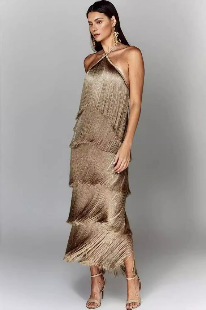 Metallic Fringe Halter-Neck Tiered Maxi Dress 2