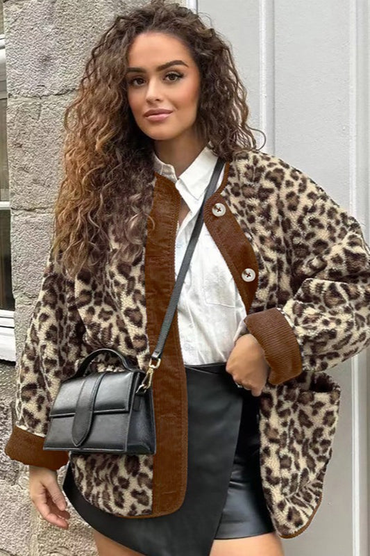 Oversized Leopard Lamb Fleece Coat - Fashionpara