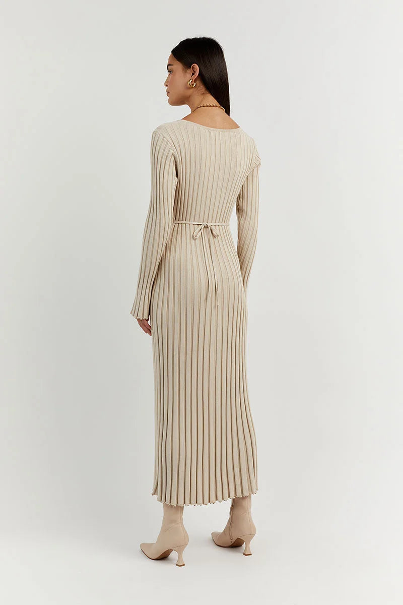 Ribbed Knit V-Neck Long Sleeve Bodycon Maxi Dress - View 4