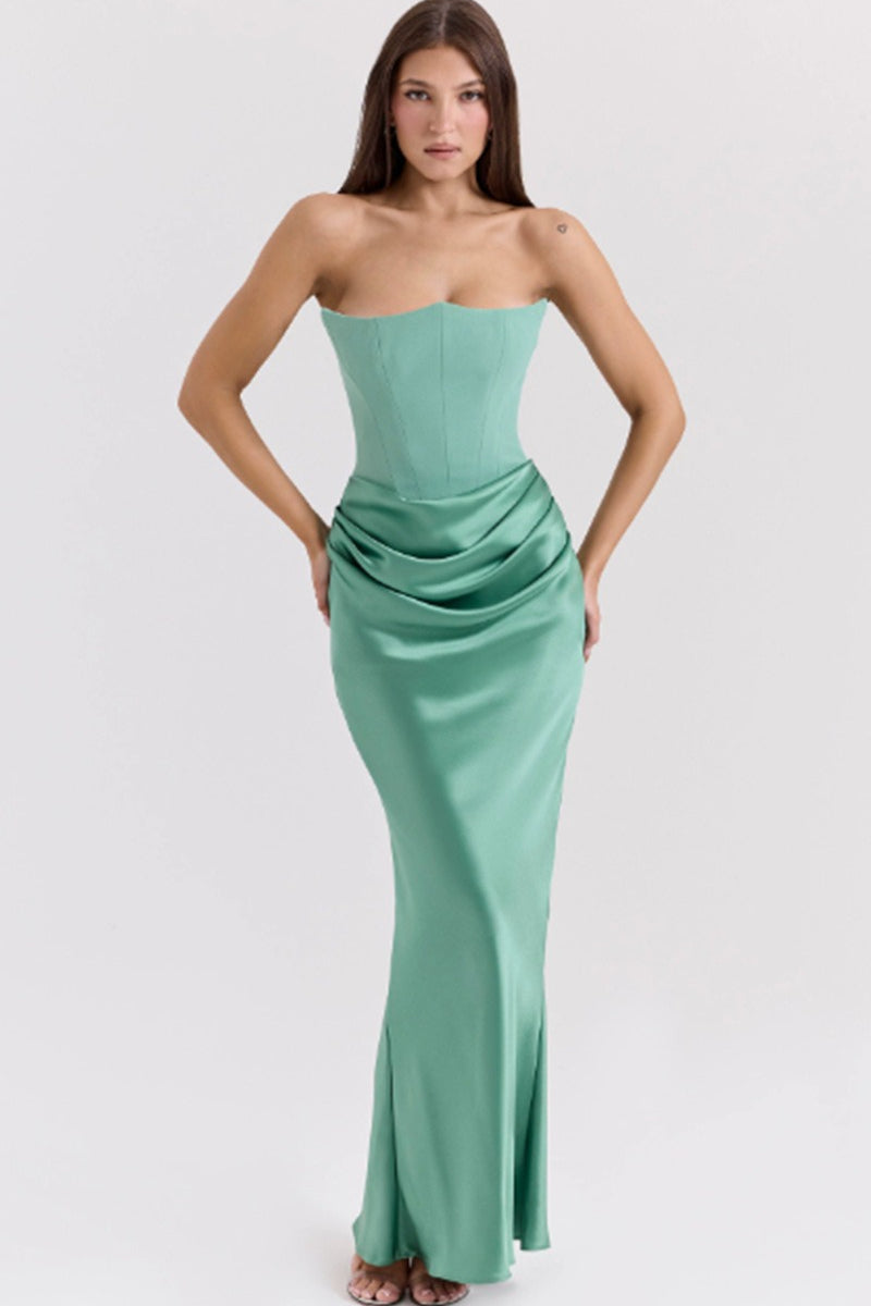 Satin Strapless Corset Ruched Mermaid Maxi Gown