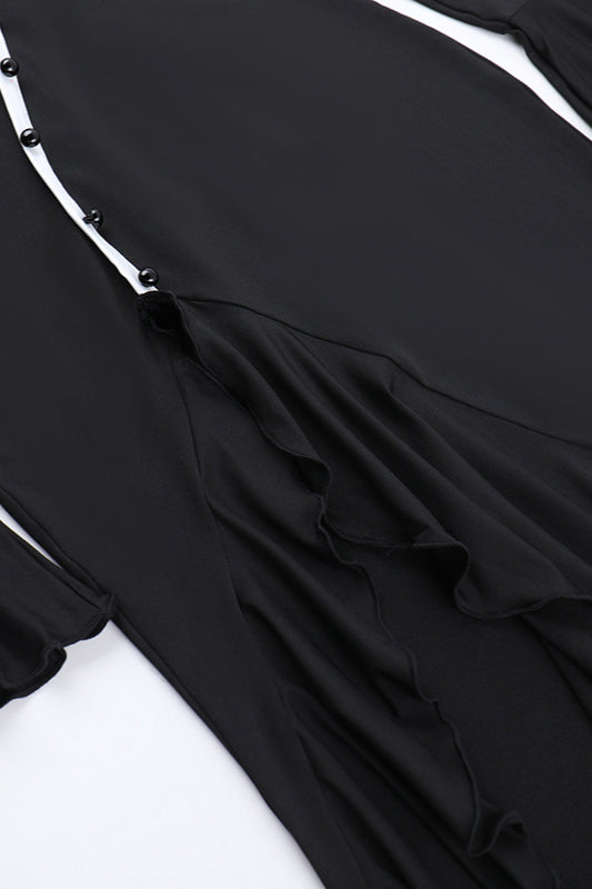 Diamond Collar Contrast Trim Ruffle Sleeve Midi Party Dress
