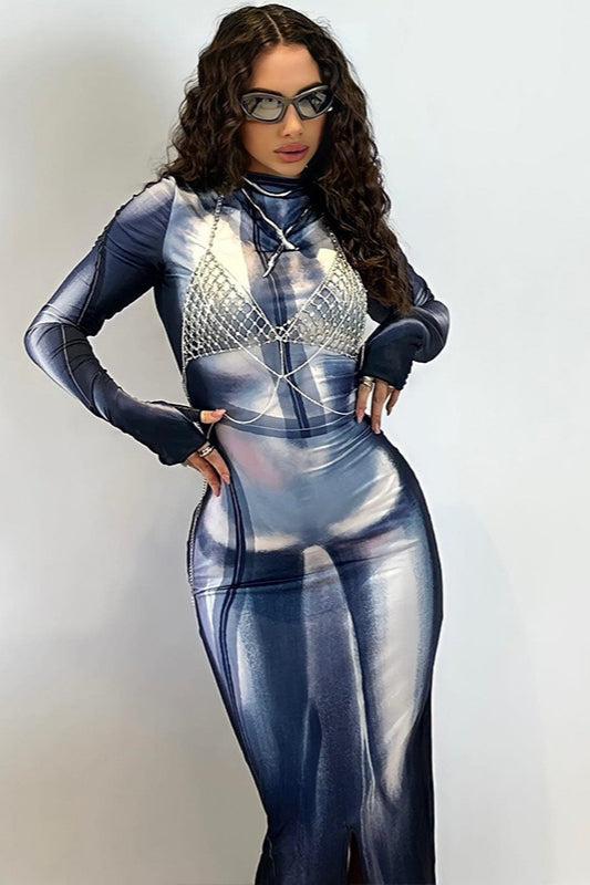 Digital Print High Collar Bodycon Pencil Maxi Dress