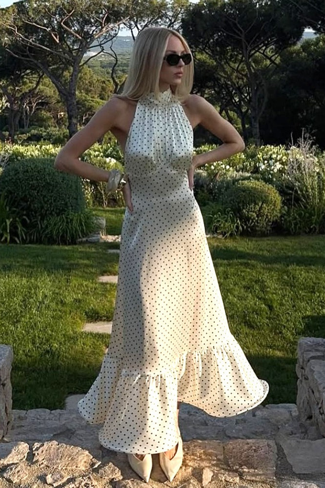 Polka Dot Backless Satin Maxi Dress - Fashionpara