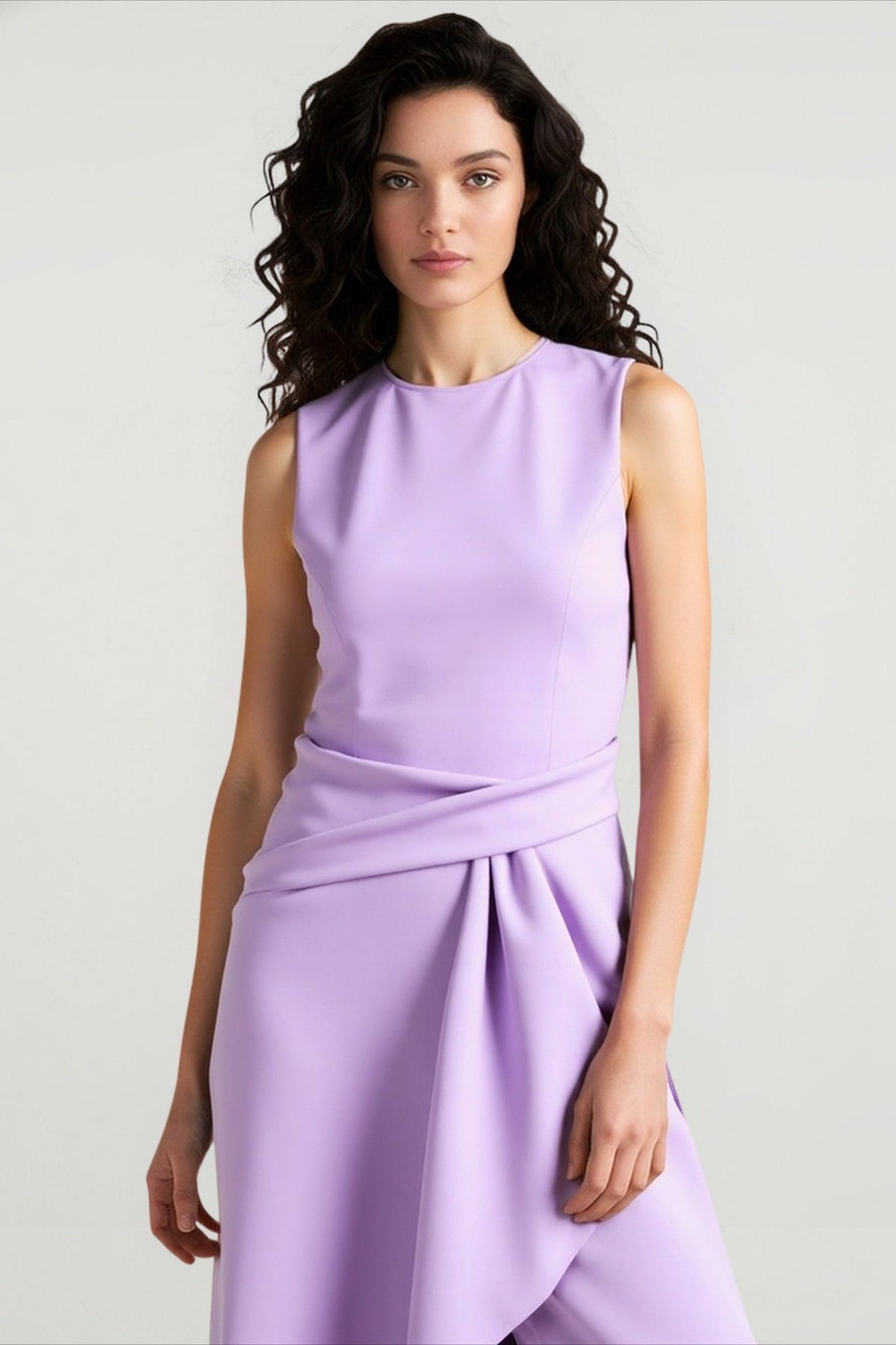 Round Neck Sleeveless Draped Asymmetric Midi Dress