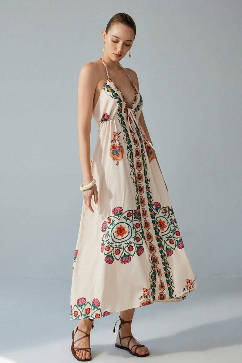 Embroidered Floral Halter Neck V-Neck Maxi Dress 2