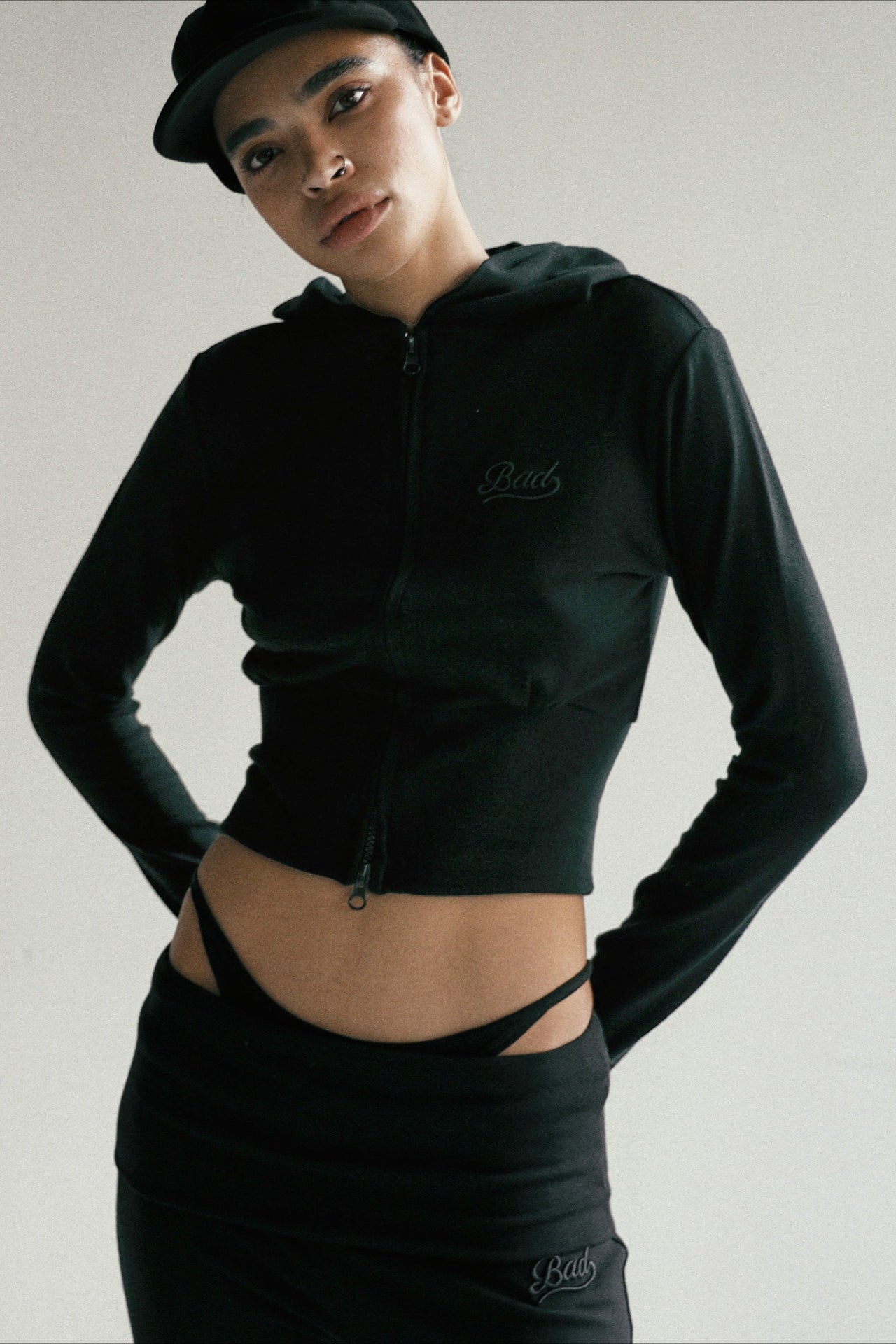 Zipper Cropped Embroidered Hoodie