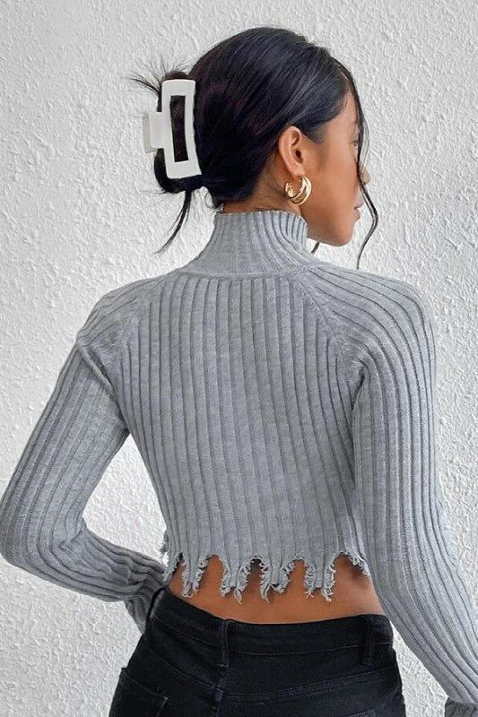 Distressed High Neck Cropped Knit Sweater 4