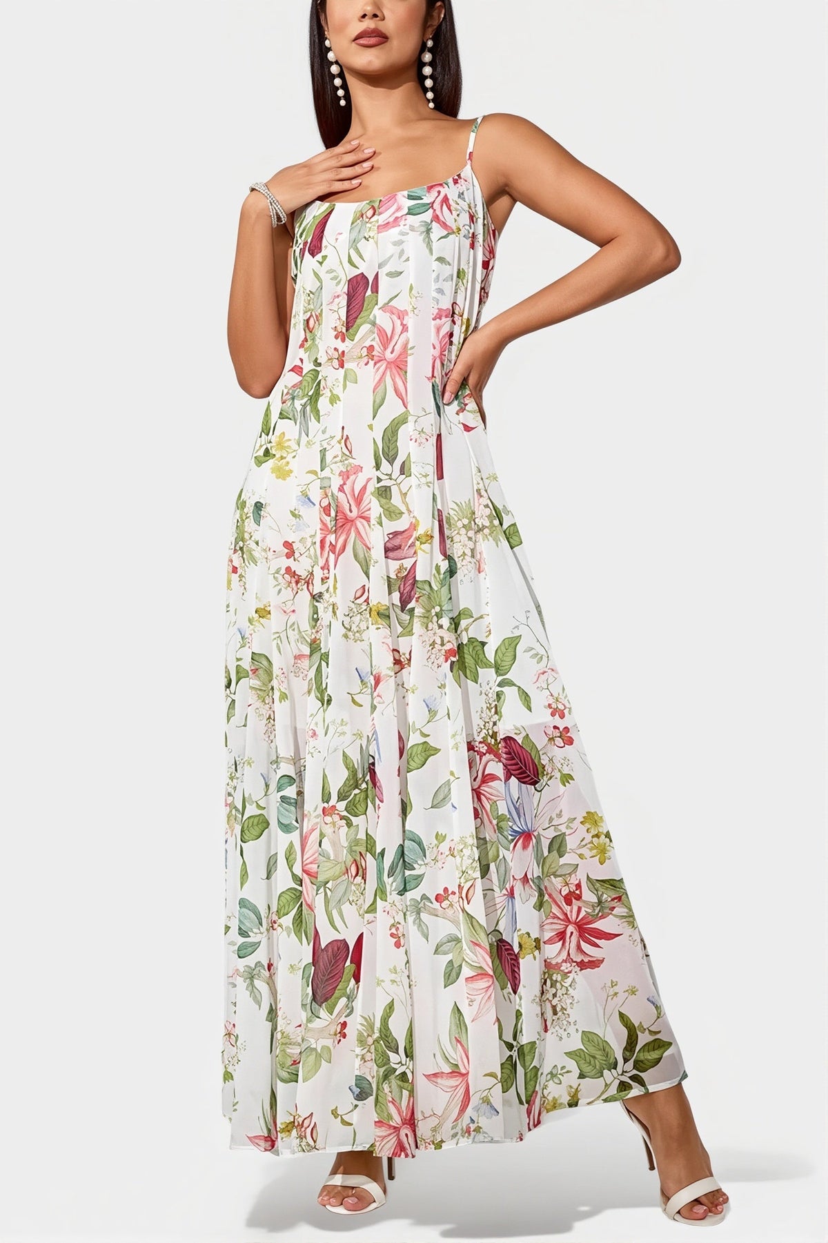 Floral Square Neck Pleated A-Line Maxi Dress 2