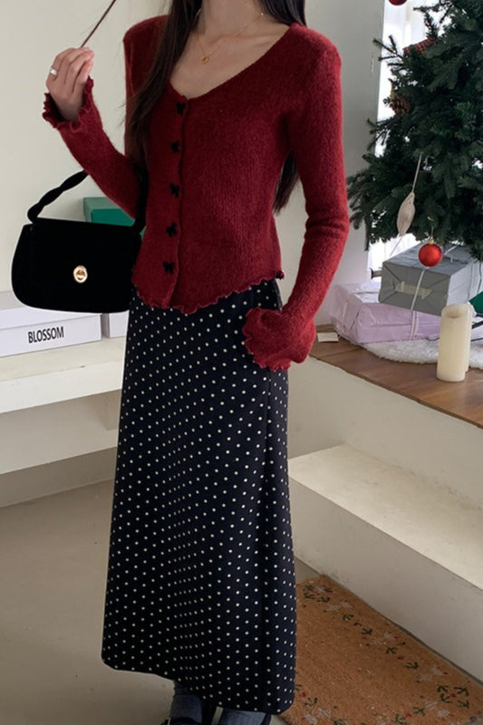 High Waist Polka Dot Back Slit Skirt