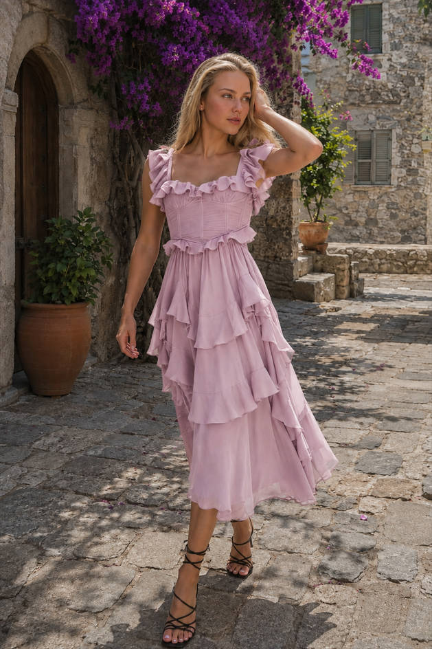 Square Neck Ruffle Tiered Chiffon Midi Dress 6