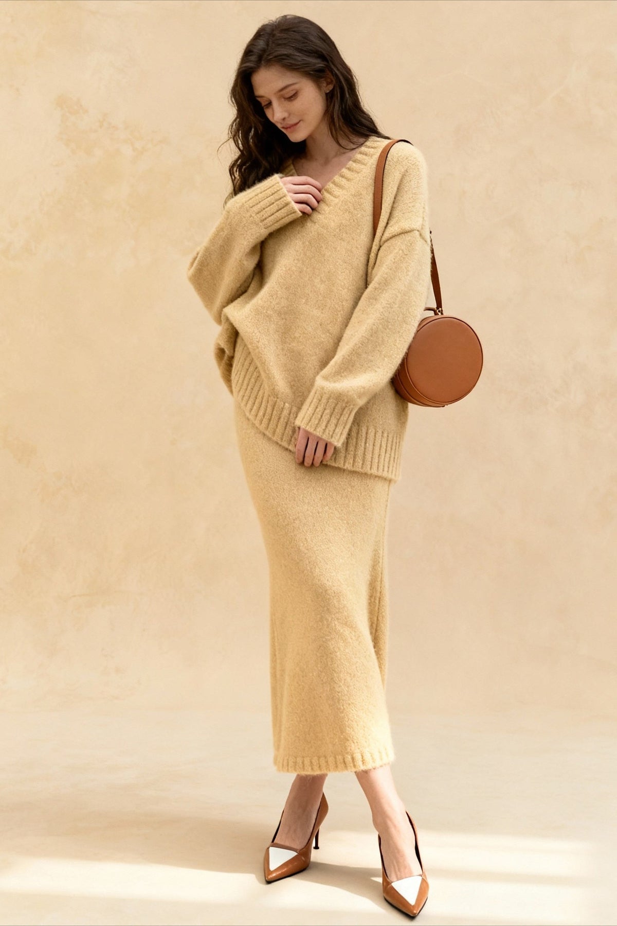 Lazy V-neck Knit Sweater Mermaid Skirt Two Piece Set