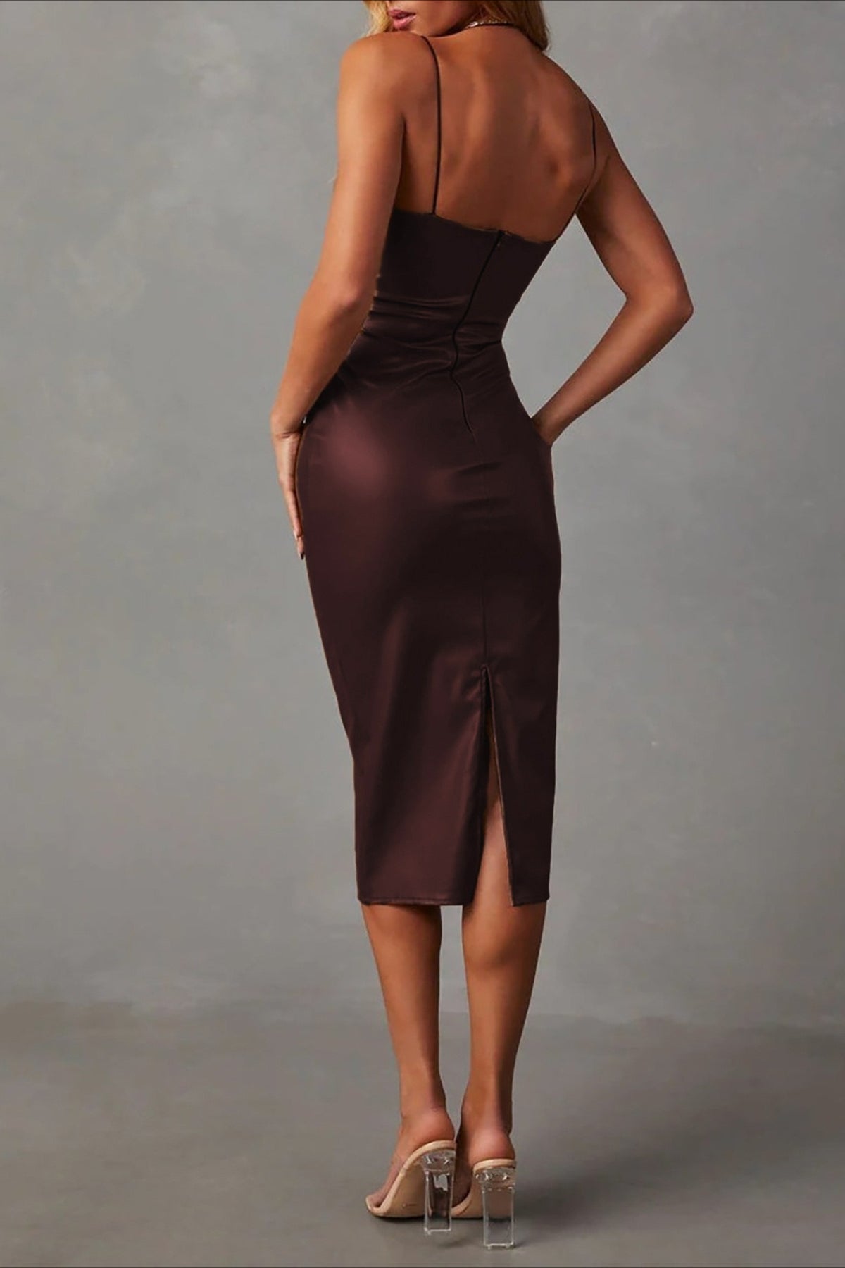 Vintage PU Leather Spaghetti Strap Bodycon Midi Dress