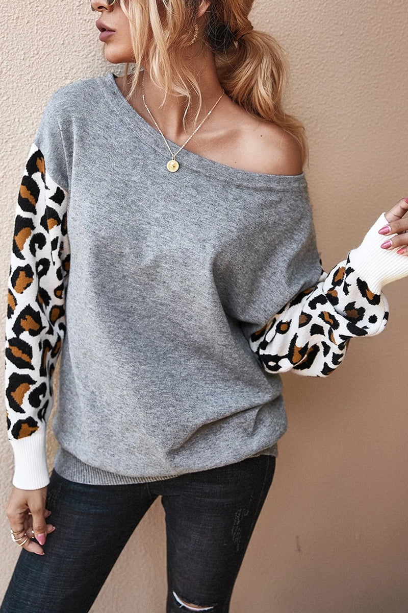 Leopard Acrylic Crew Neck Long Sleeve Sweater(4 Colors)
