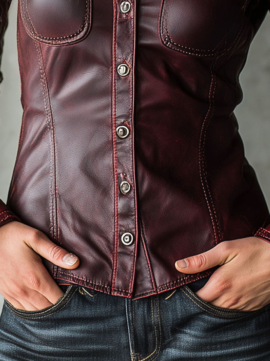 Burgundy Eco Leather Western-Fit Shirt Jacket - Fashionpara