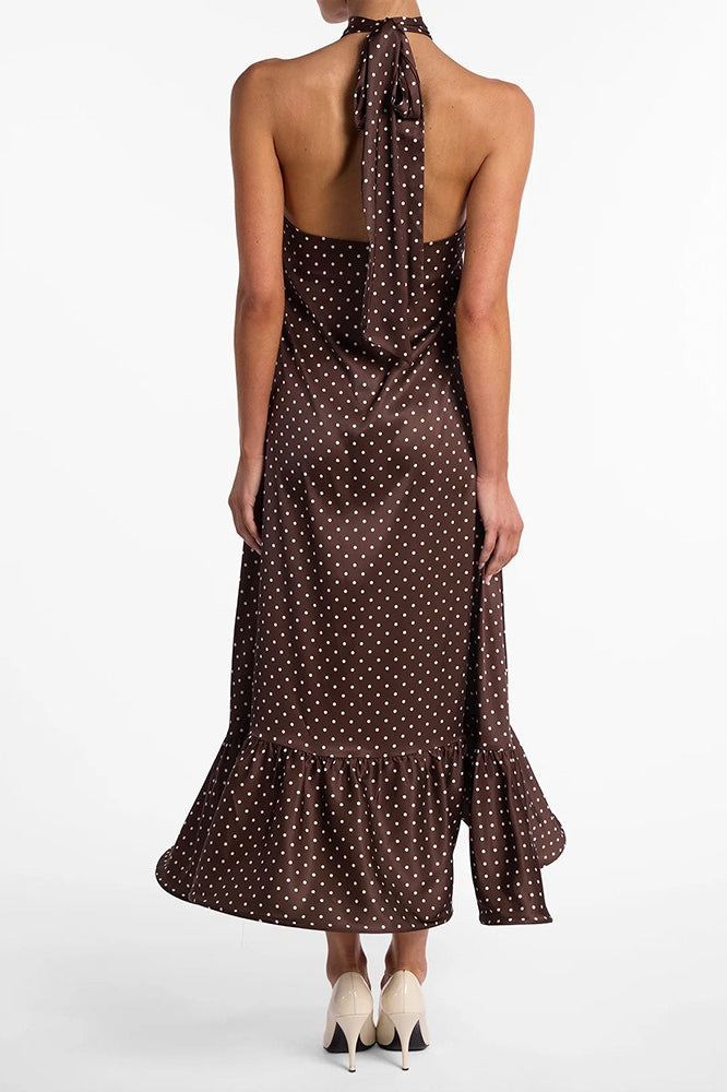 French Style Polka Dot Satin Backless Silk Dress - Fashionpara
