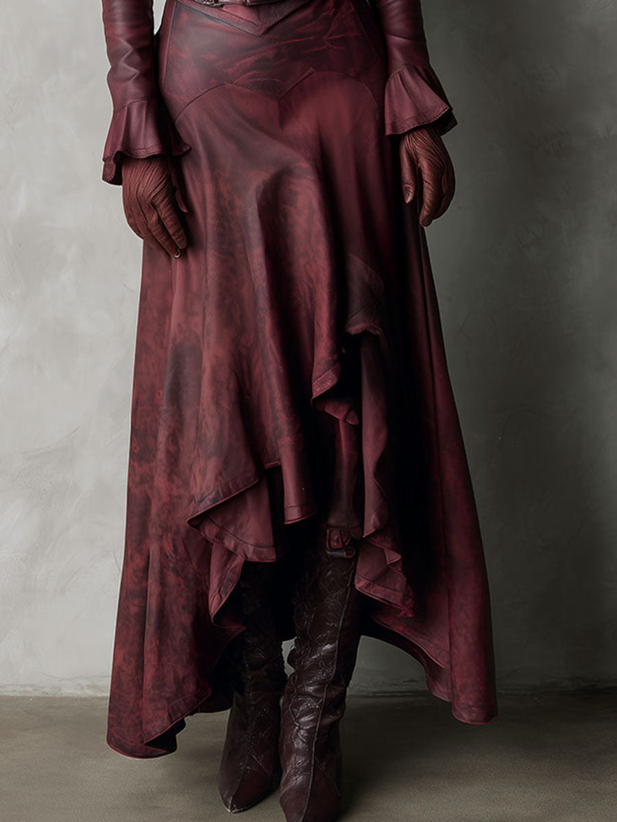High-Low Burgundy Eco Leather Long Coat Dress With Buckle Corset Waist - Fashionpara