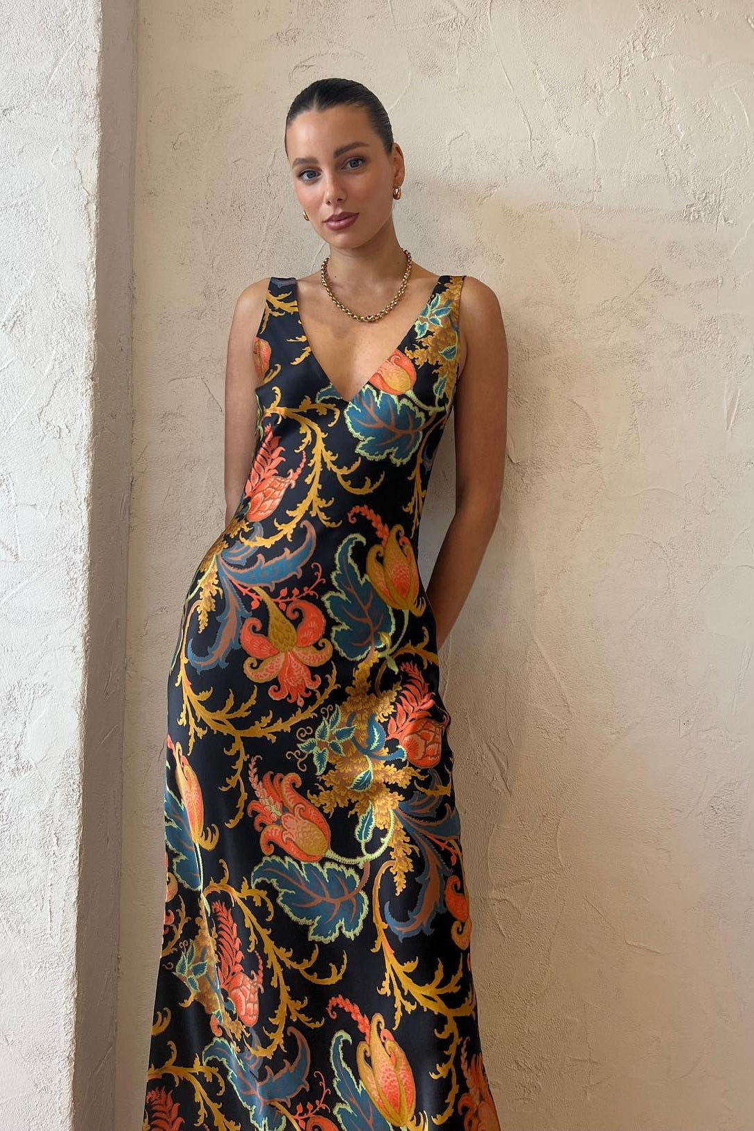 Satin VNeck Floral Maxi Silk Dress