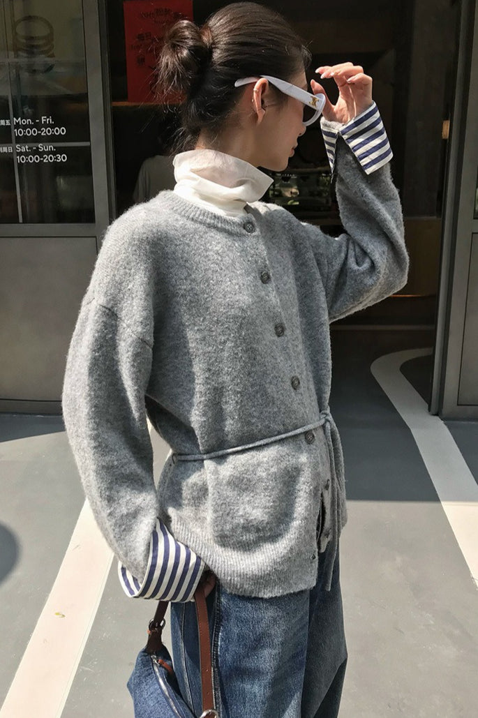 Color-Block Belted Knit Cardigan for Effortless Style