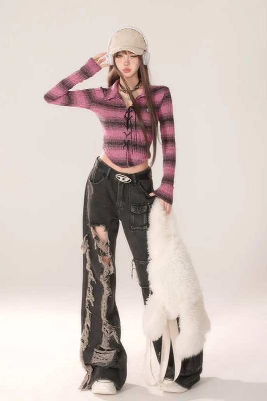 High Waist Ripped Wide Leg Jeans